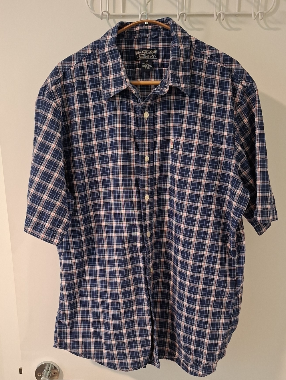Vintage 90's Polo Jeans Co. Blue Plaid/Check Short-sleeve Button-up Shirt (US L)